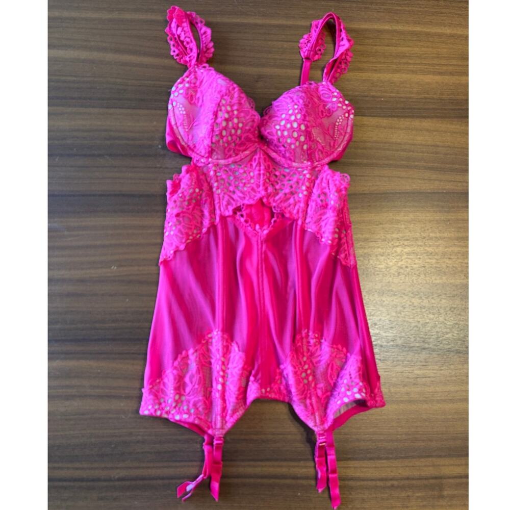 Victoria's Secret Hot Pink Underwire Bustier Corset Garter Belt, Barbiecore, 34C